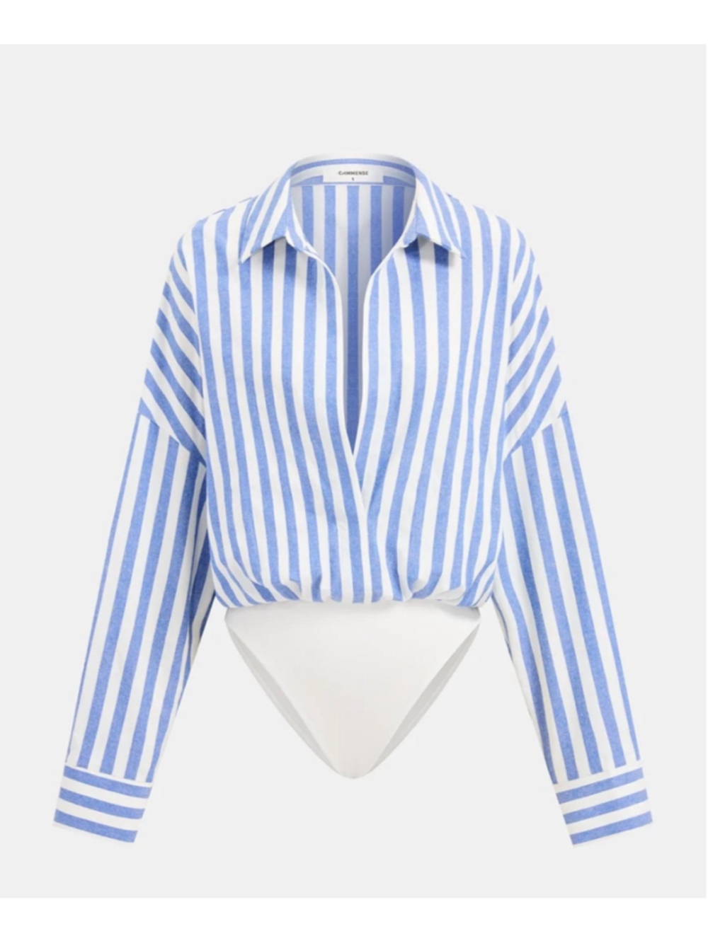 Commense Striped Collared Bodysuit Blue White Size XS Preppy Minimalist Office